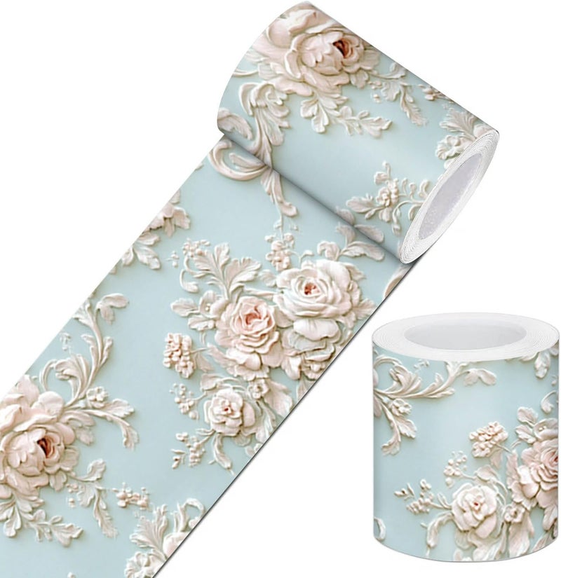 IVN Wallpaper Border Peel and Stick Wall Accent 4x196 Inch PVC Embossed Rose on Light Blue Pattern Self Adhesive Decorative Wall Trim for Living Room Bedroom Hallway Elegant Classic Style - Image 1